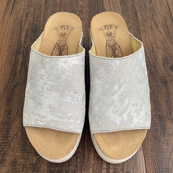 Fly London Wigg Wedge Sandal Leather Slip On Metallic US Size 7-7.5 EU 38 Silver - Picture 3 of 13